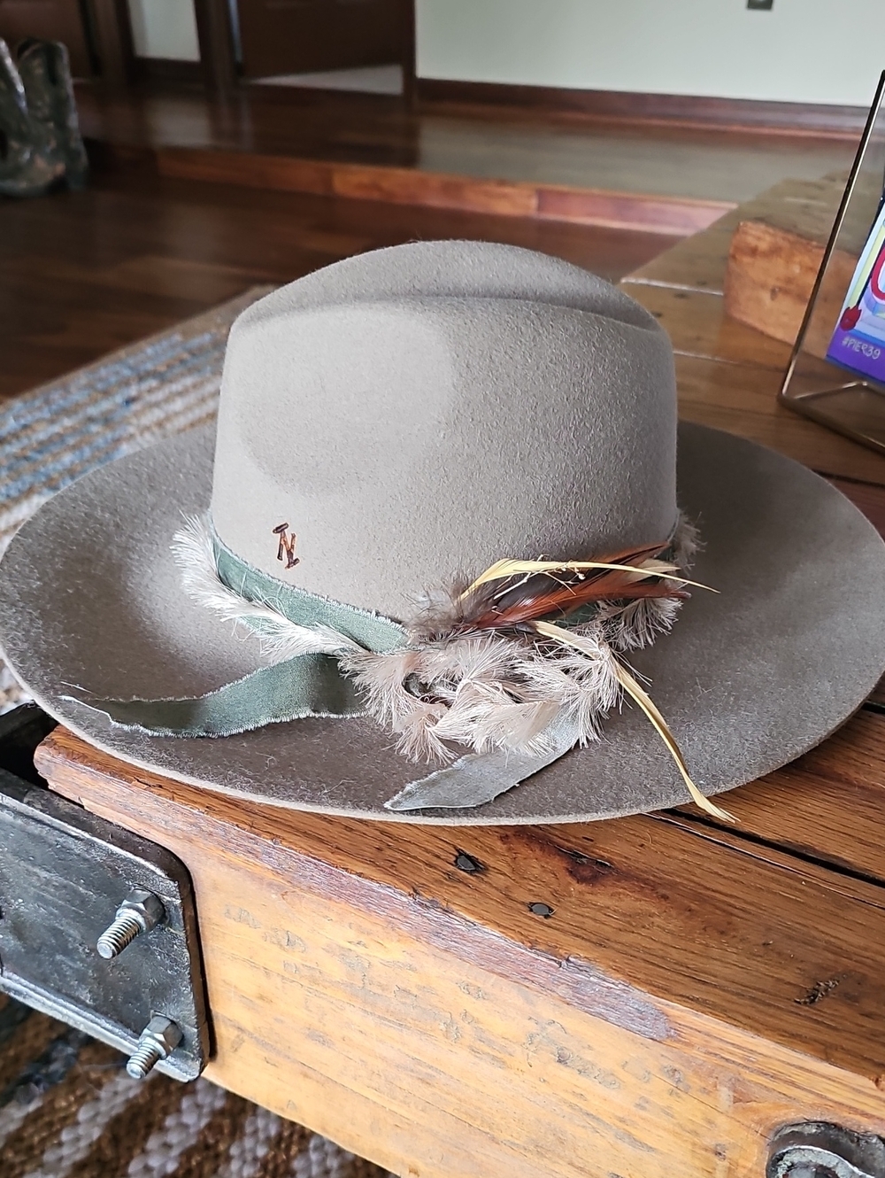 GIGI PIP Taupe Felt Fedora with Green Suede Band & Feather Trim